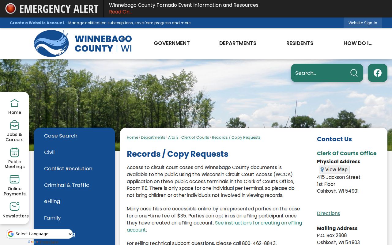 Winnebago County court records counter and copy request page