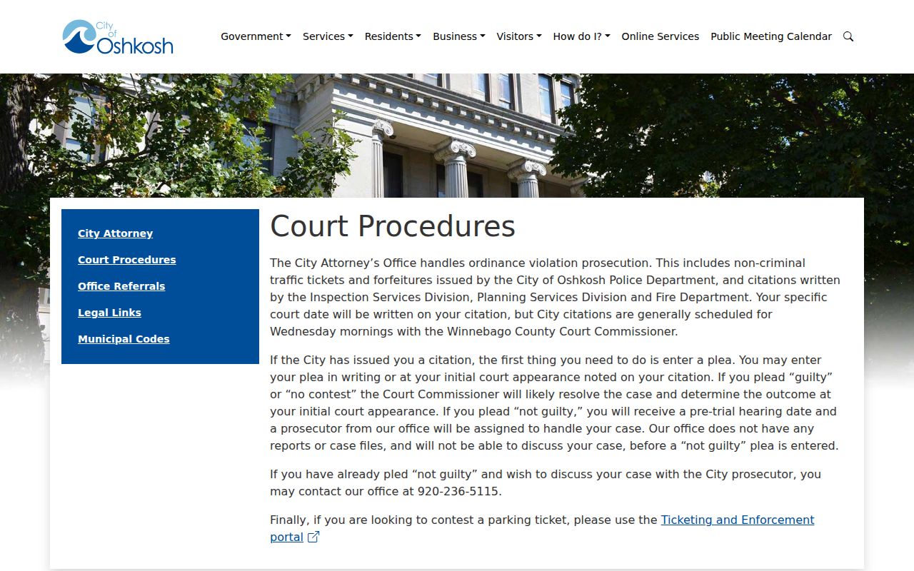 Winnebago County traffic court records route for Oshkosh citations